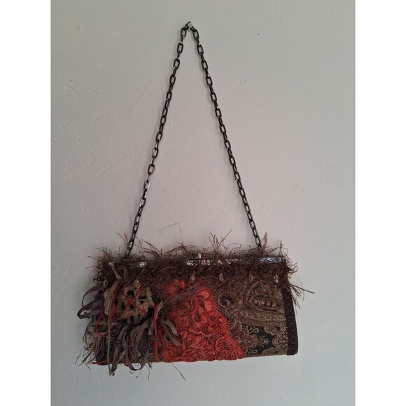 Unbranded Handbags - Shelley Wenum Designs Y2K Boho Tapestry Feather Trim Chain Shoulder Bag Purse